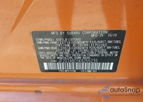 2019 Subaru Crosstrek 2.0I z USA, uszkodzony, nr VIN JF2GTABC5K8255235
